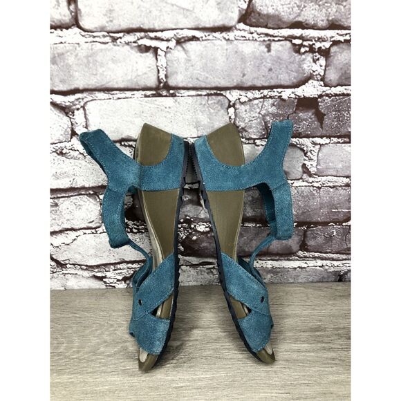 Merrell Revalli Dragonfly Blue Teal Leather Strappy Wedge Sandals Women Sz 7M US - Picture 10 of 16